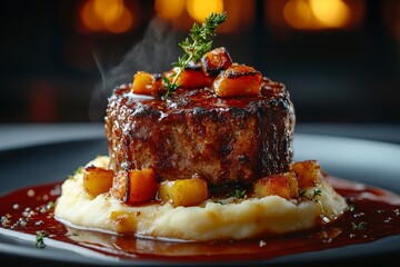 Pan-seared filet mignon, mashed potato, autumn
