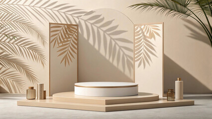 "Elegant Summer Podium Display: Minimalist 3D Stage with Abstract Light and Shadow for Natural Beauty Presentation"