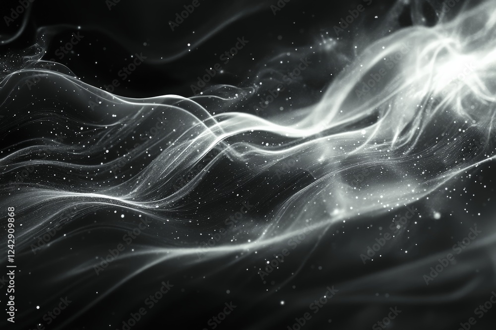 Poster swirling white vapor with sparkling particles creates a mystical atmosphere in a dark setting