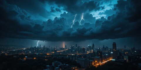 Fototapeta premium Multiple lightning strikes illuminate a dark, cloudy sky over a cityscape at night. City lights are visible through a curtain of rain