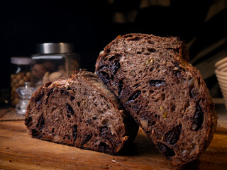 Freshly Baked Artisan Chocolate Sourdough Bread on Wooden Table.