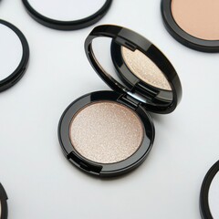 Close-up of a shimmering makeup compact on a white background.