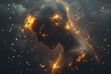A human silhouette dissolving into glowing particles, symbolizing the emotional toll of stress and exhaustion