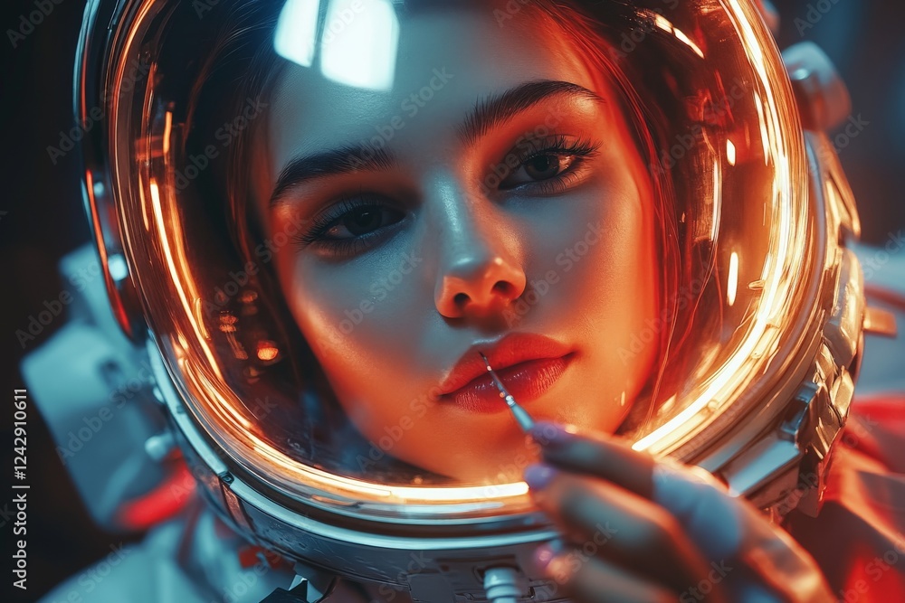 Aufkleber female astronaut with illuminated helmet exploring futuristic space environment
