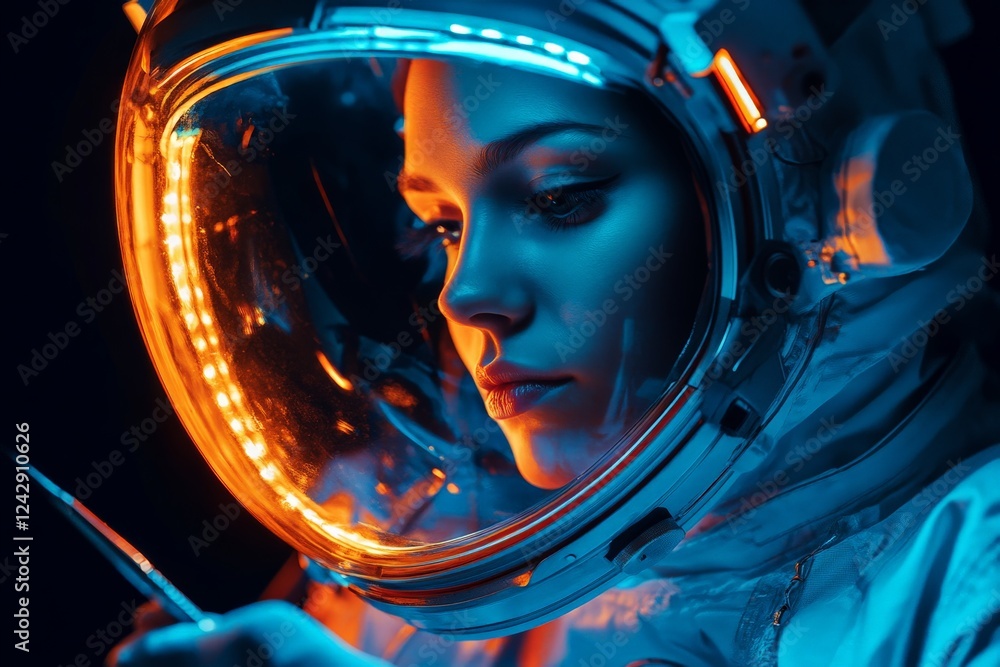 Poster astronaut in reflective helmet examines tools against a vivid blue and orange backdrop in space sett