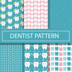 Seamless Dental Pattern Set with Cute Teeth, Toothbrushes, and Oral Care Elements in Vector
