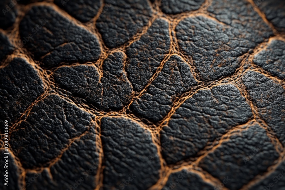 Poster close-up view of textured black leather showcasing intricate patterns and natural aging marks