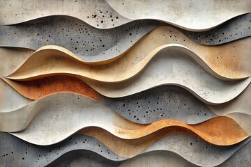 Textured wall art displays fluid wave patterns in neutral tones with orange accents, creating an intriguing visual effect