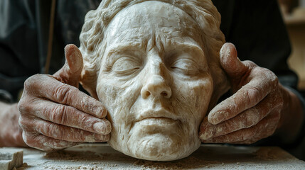 Artisan sculptor meticulously shaping a marble bust in a warmly lit workshop filled with fine dust particles