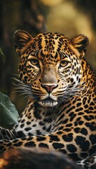 Obraz premium Intimate close up of a leopard in its natural habitat, showcasing its beauty and power.