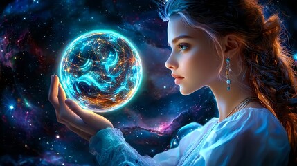 Fototapeta premium woman holding celestial orb, fantasy art - ai art