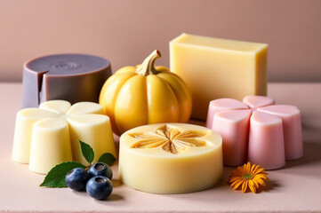 Collection of handmade soaps with various shapes and scents, presented beautifully. creativity hobby and handicrafts, diy, background for design.