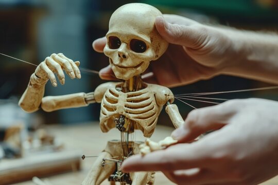 Marionette hands skillfully assembling a wooden skeleton puppet in a craft workshop space - Powered by Adobe