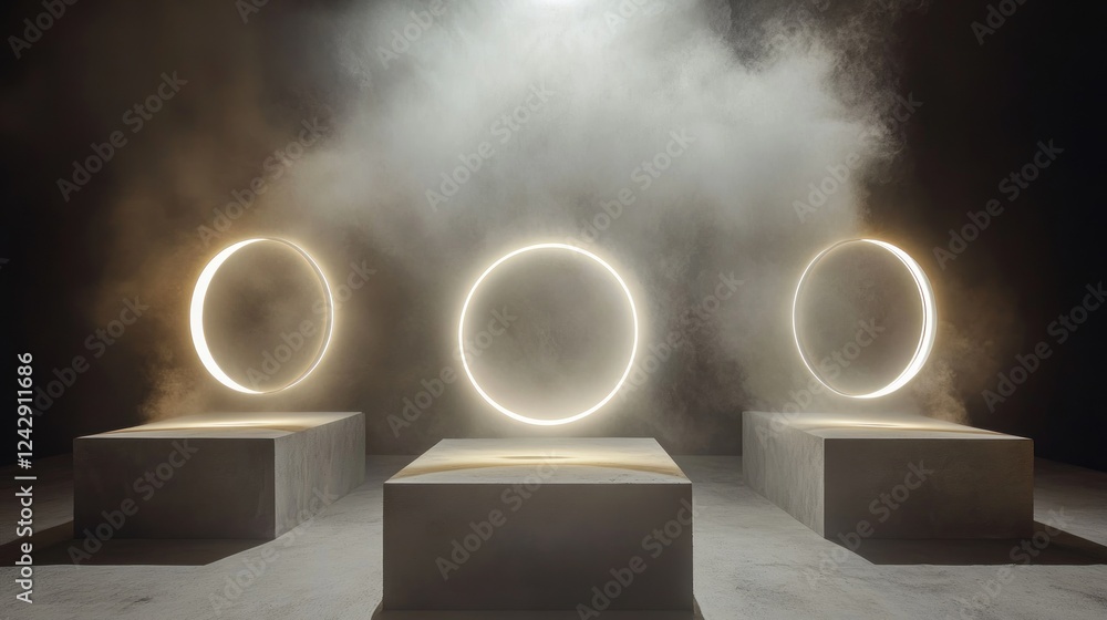 Aufkleber illuminated circular forms above concrete platforms