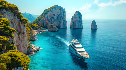 An enchanting scene of Capri, with its famous Faraglioni rock formations jutting out of the sea, a luxury yacht cruising nearby, and lush vegetation covering the cliffs.