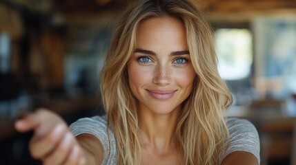 Woman smiles, points, cozy home background; website header