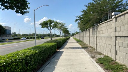Wide shot of a well-maintained sidewalk lined with concrete block walls and a neat hedge on either side of a modern street, city streets, outdoor decor