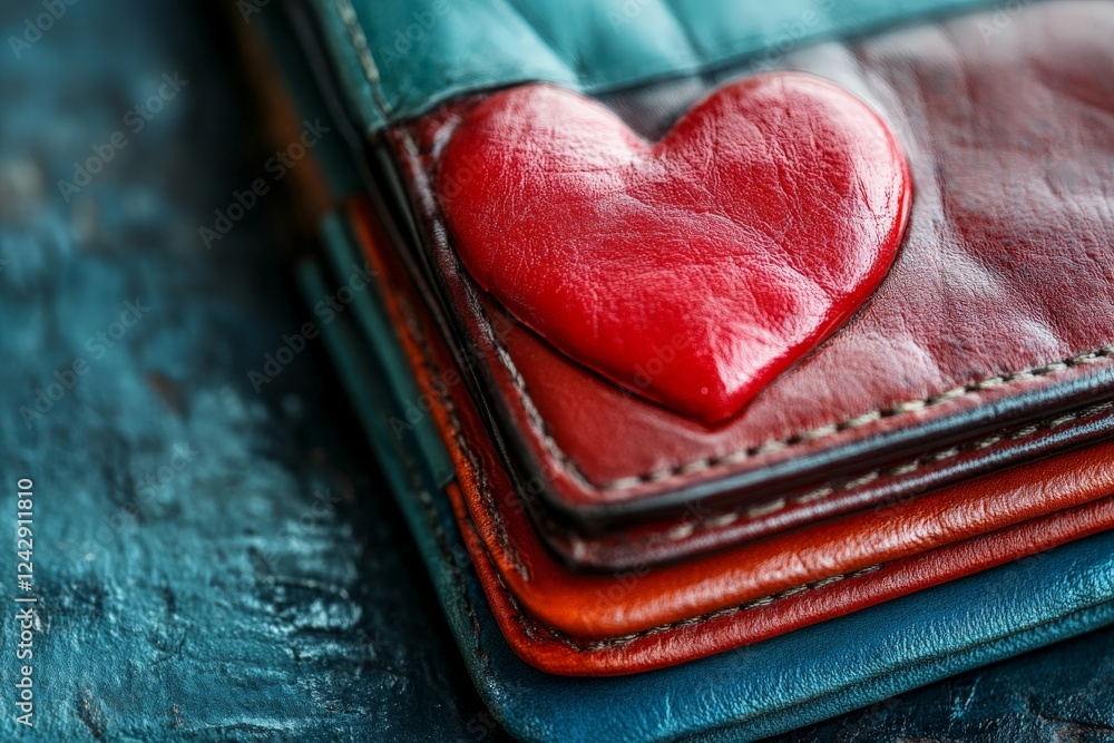 Poster Stylish leather wallet featuring a red heart design on top of colorful layers