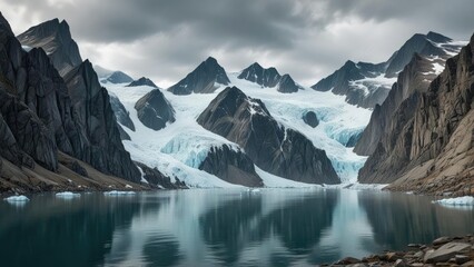 Fototapeta premium Wide panoramic shot of glacier covered mountains at edge of deep Greenlandic fjord, natural wonder, serene surroundings