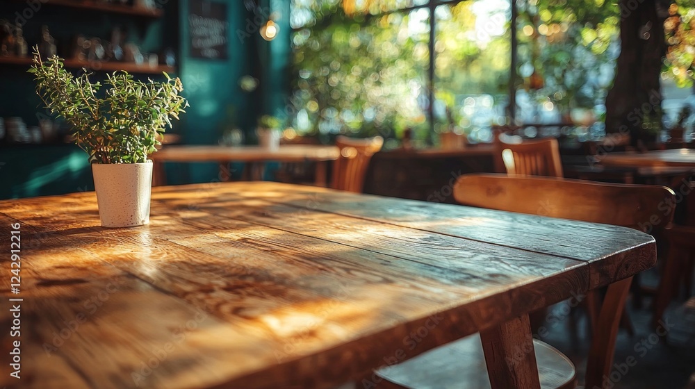Poster sunlight pours into a charming café filled with plants, creating a serene atmosphere. a rustic woode