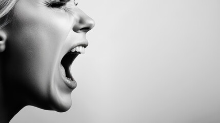 Expressive woman, a closeup portrait of woman with open mouth, conveying surprise and excitement