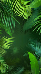 Tropical jungle background with lush green palm leaves. Dark jungle texture with palm tree foliage for a tropical forest nature concept