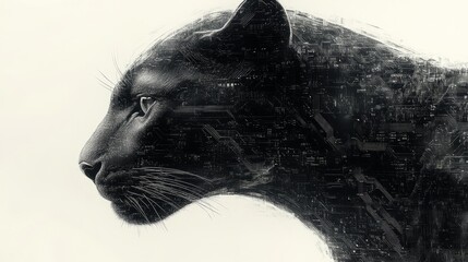 Elegant panther face highlighted by sleek, digital patterns in a striking monochrome design