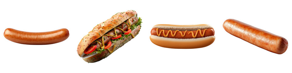 Hot dog sausage isolated on transparent background, PNG, Set of