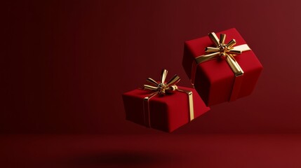 High-end 3D design, floating red gift presentation, golden bow embellishments, luxury product showcase, dramatic shadows, rich burgundy background, professional lighting setup