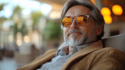 Relaxed senior man cafe terrace sunset