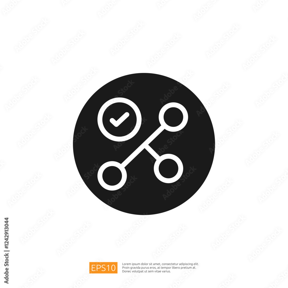 Poster circular icon representing data analyst process with checkmark and connection nodes for workflow eff