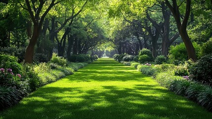 Obraz premium Serene Garden Path: A Picturesque Landscape of Lush Greenery and Sunlight