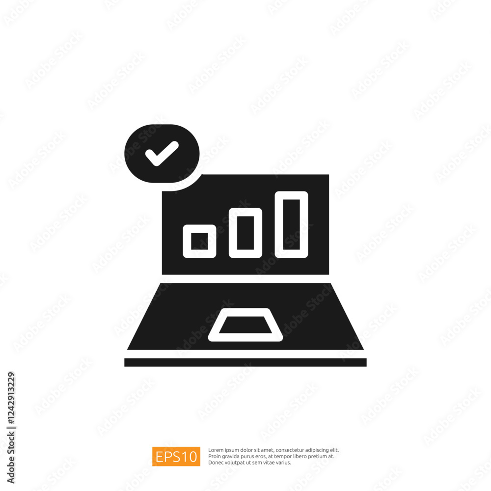 Poster data analysis concept with laptop displaying bar graph and check mark signifying success in business