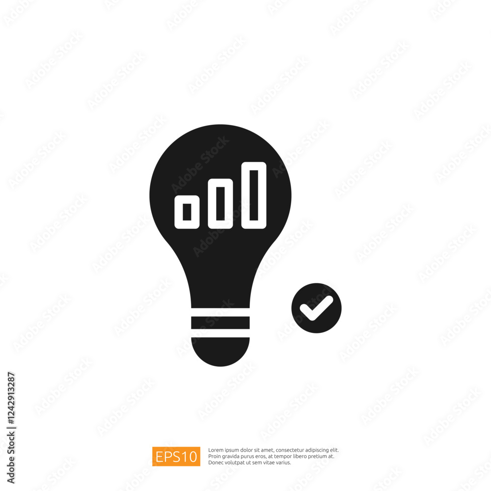 Poster light bulb representing data analysis with growth metrics and checkmark symbolizing successful innov