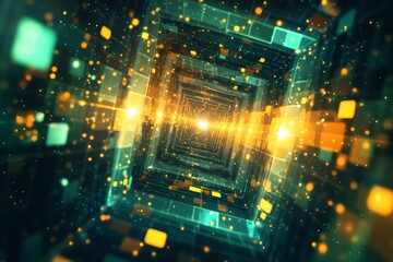 Fototapeta premium Dynamic glowing tunnel filled with vibrant lights and particles in a digital space