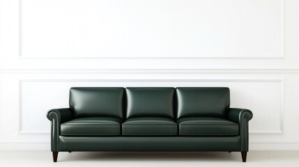 Dark Green Leather Three-Seater Sofa Against White Paneled Wall