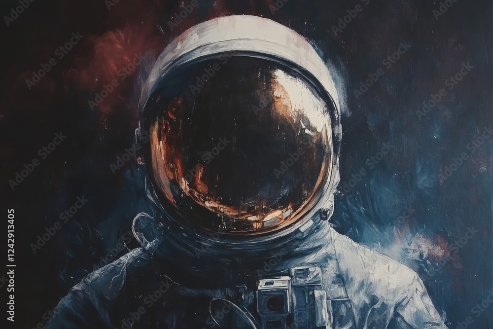 Poster asteroid exploration with a reflective visor showcasing cosmic wonders and vivid colors in deep spac