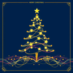Abstract Christmas poster featuring a stylish Art Deco tree, elegant glowing lights, and a deep blue luxury background for modern seasonal designs