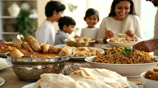 Family Celebrating Eid with Traditional Dishes and Lavish Feast