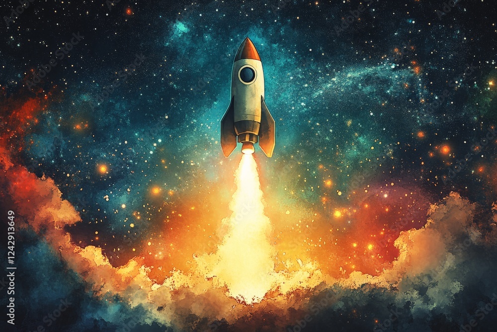 Poster Rocket launching into outer space with colorful clouds and stars in the background