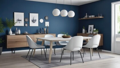 White dining room with blue accent wall and modern furniture, inviting, interior design, decor, elegant, bright