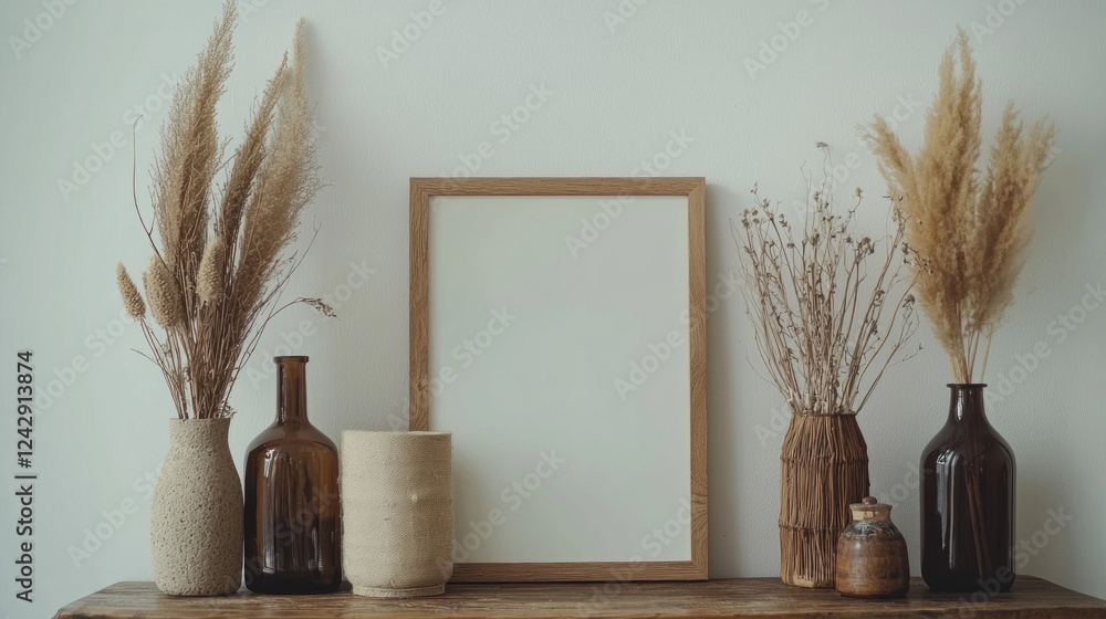 Poster A serene arrangement features dried flowers in rustic vases flanking an empty wooden frame, creating a calming and stylish focal point on a wooden table