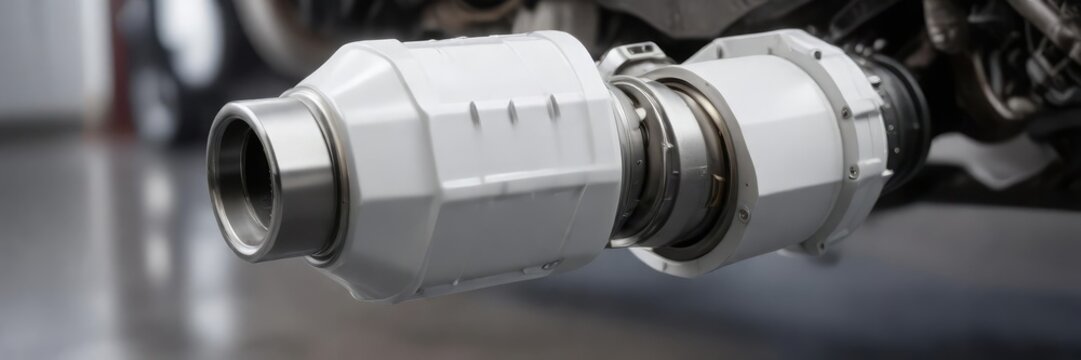 White catalytic converter with lambda sensor with shallow depth of field, vehicle pollution, stinky exhaust