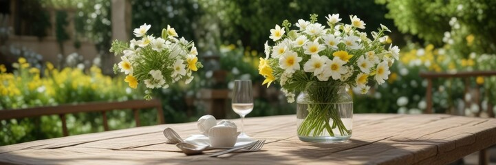 Fototapeta premium White and yellow flowers arranged in a glass jar on an outdoor dining table in a Beaune garden, outdoor living, entertaining, al fresco dining