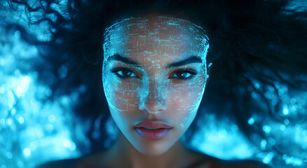 Futuristic Woman with Digital Overlay and Neon Blue Background