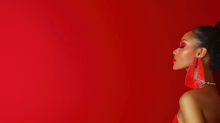 Obraz premium Red Portrait of a Woman with Statement Earrings