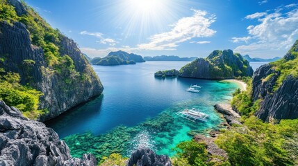 Tropical Island Cove Boats Sunny Seascape