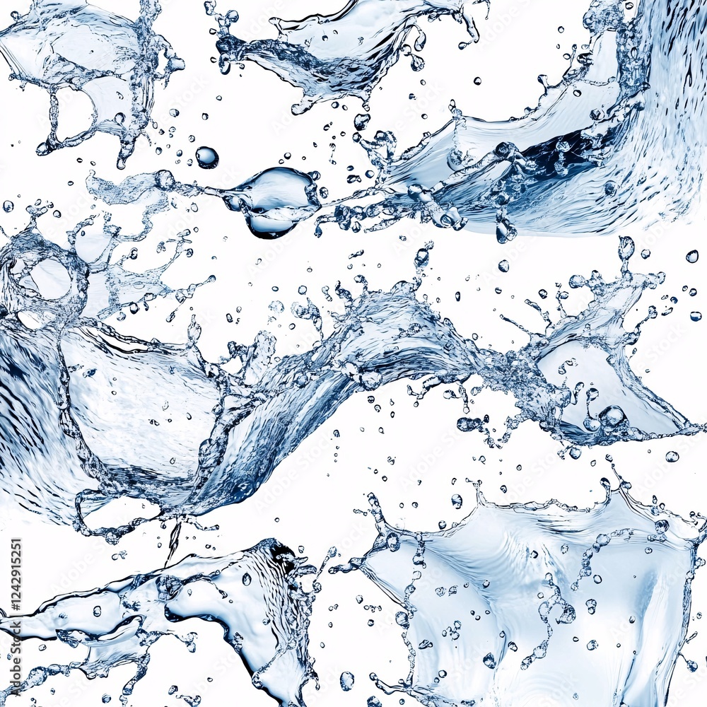Poster water splashing and forming abstract shapes on white background