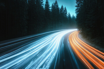 Highway to the digital realm with binary code and light speed trails