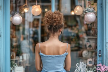 Naklejka premium Young woman with curly hair admiring handmade crafts in a quaint store on a sunny afternoon